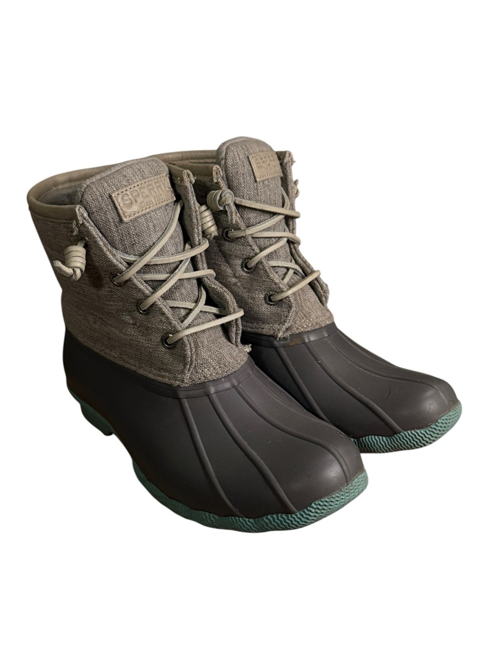 Sperry Gray Canvas Duck Boots with Teal Accents